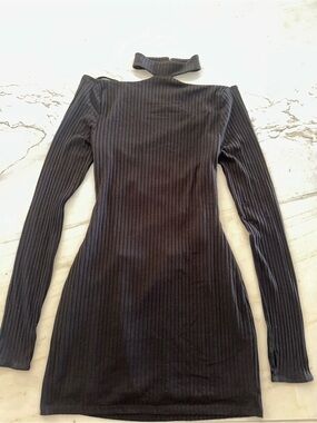 Not Yours To Keep Black Ribbed Long Sleeve Choker Neck Dress